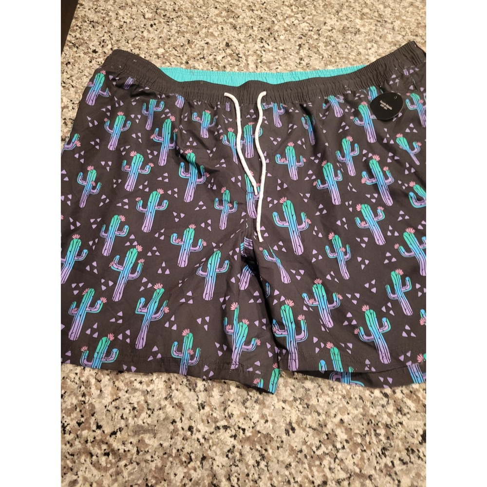 No Boundaries Mens 2XL Cactus Print‎ Swim Trunks Black Neon Quick Dry UPF 50+